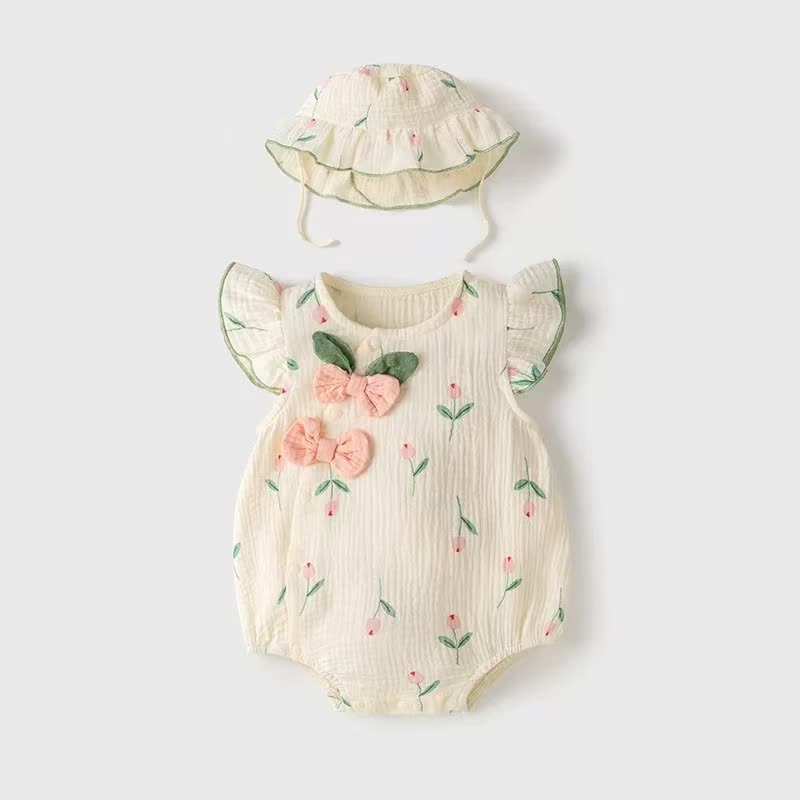 Baby Tulip Muslin Cotton Bodysuit with Hat - Beige - 18-24M - image 1
