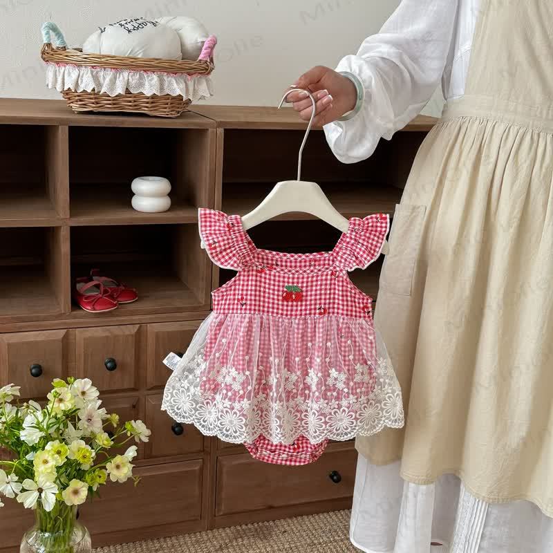 Baby Strawberry Gingham Lace Bodysuit - Red - 18-24M - image 1