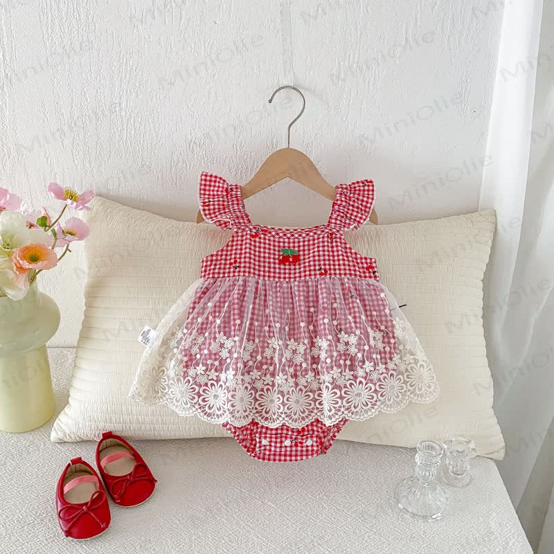 Baby Strawberry Gingham Lace Bodysuit - image 2