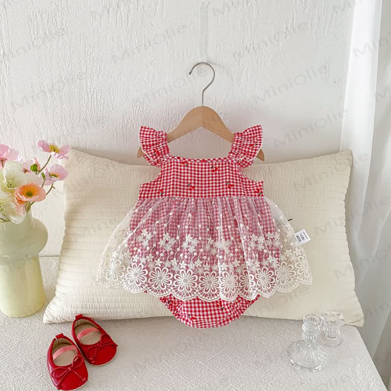 Baby Strawberry Gingham Lace Bodysuit - image 3