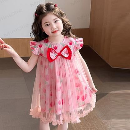 Toddler Girls Pink Floral Print Bow Tulle Sleeveless Dress - image 1
