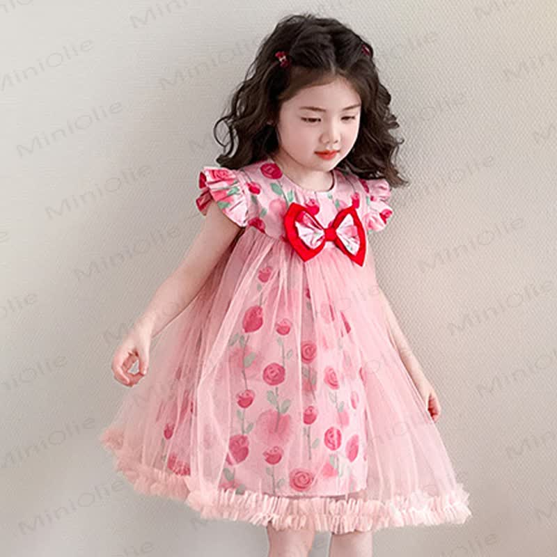 Toddler Girls Pink Floral Print Bow Tulle Sleeveless Dress - image 7
