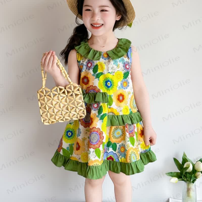 Toddler Girls Cotton Floral Print Sleeveless Dress - Green - 8-9T - image 3