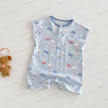 Baby Animal/Geometry/Playground Print Sleeveless Romper - Blue Whale - 18-24M - image 5