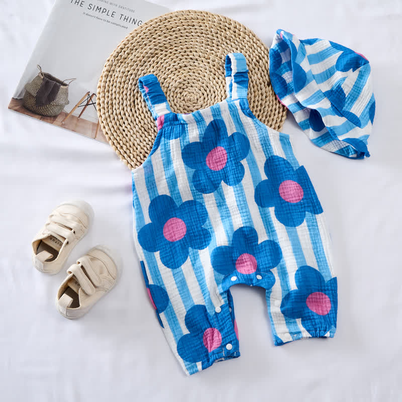 Baby Blue Flower Striped Romper with Hat - image 2