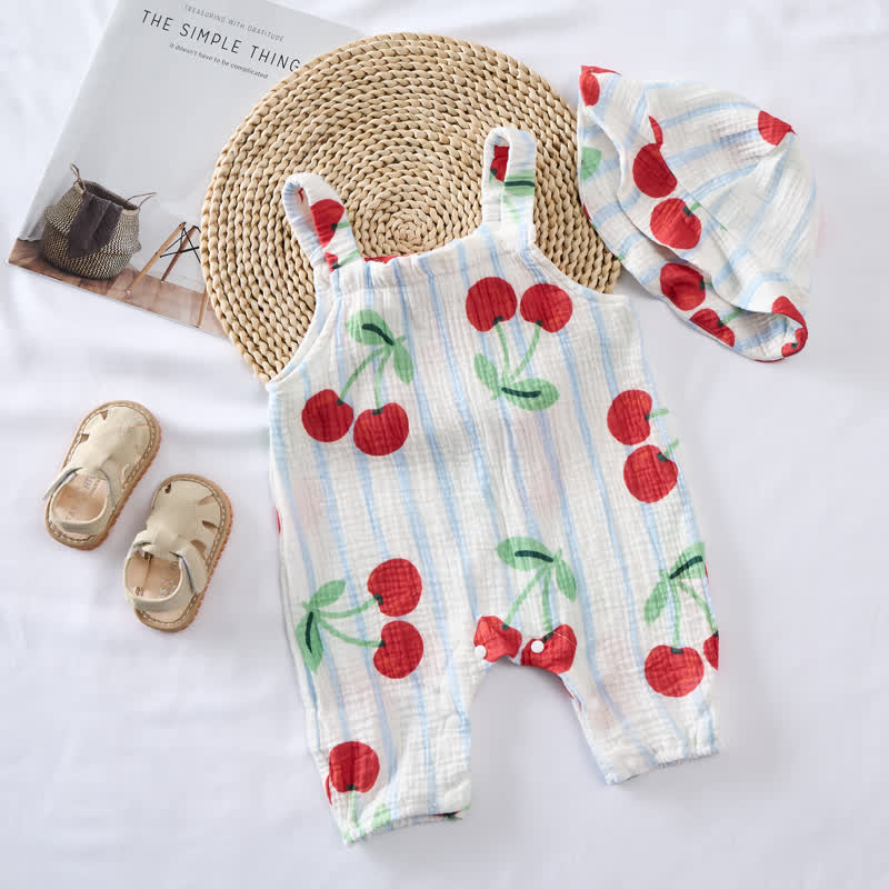 Baby Cherry Fullprint Blue Striped Romper With Hat - image 2