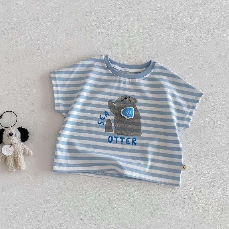 Baby Toddler Cotton Stripe T-Shirt or Solid Color Shorts - Blue Tee - 4-5T - image 2