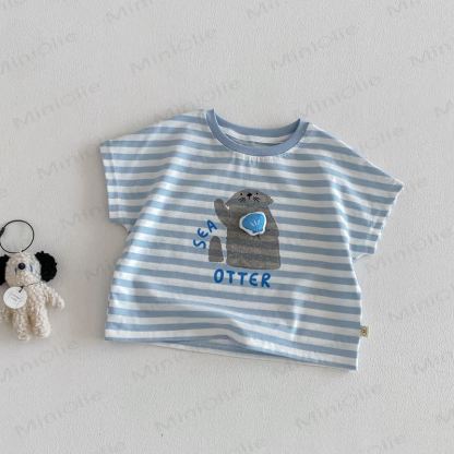 Baby Toddler Cotton Stripe T-Shirt or Solid Color Shorts - Blue Tee - 4-5T - image 2