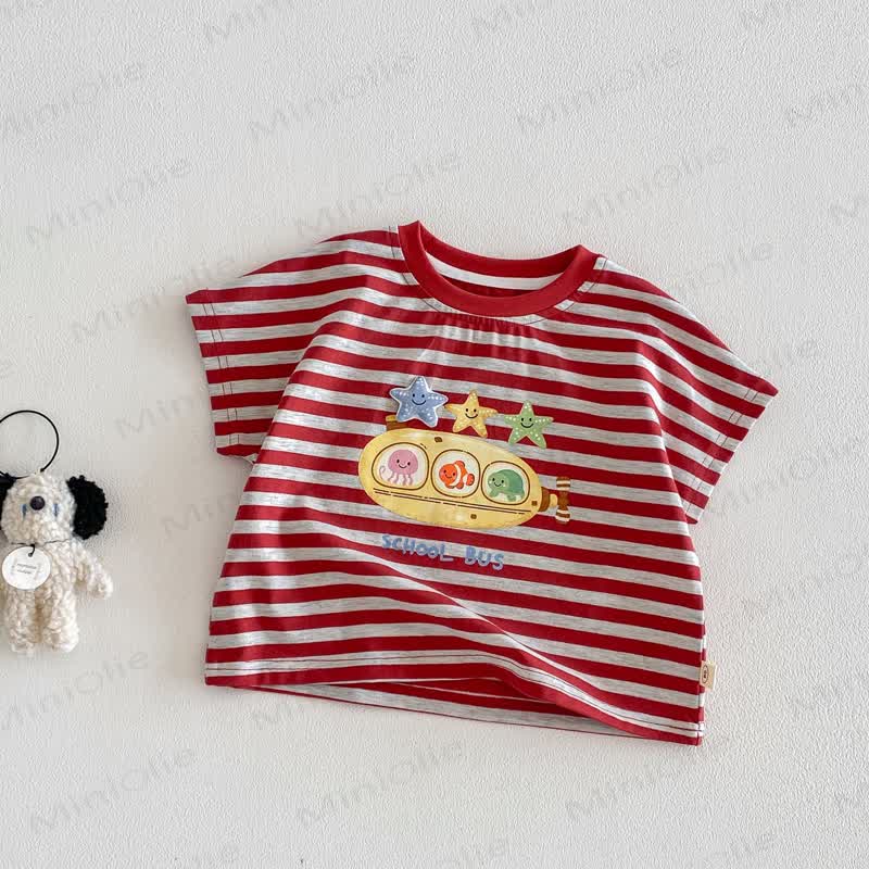 Baby Toddler Cotton Stripe T-Shirt or Solid Color Shorts - Red Tee - 4-5T - image 3