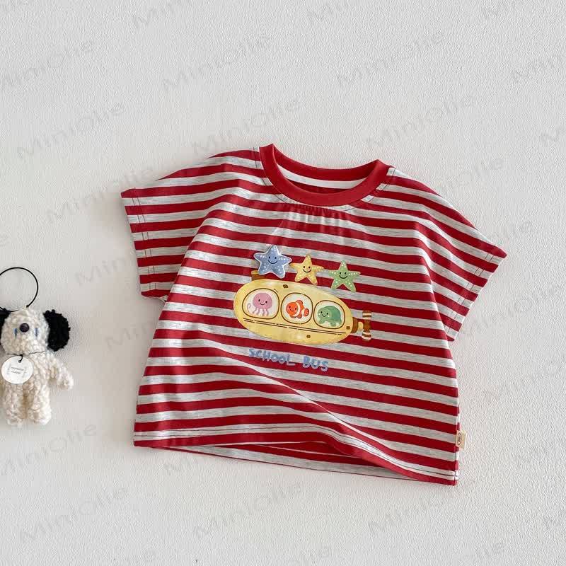Baby Toddler Cotton Stripe T-Shirt or Solid Color Shorts - Red Tee - 4-5T - image 3