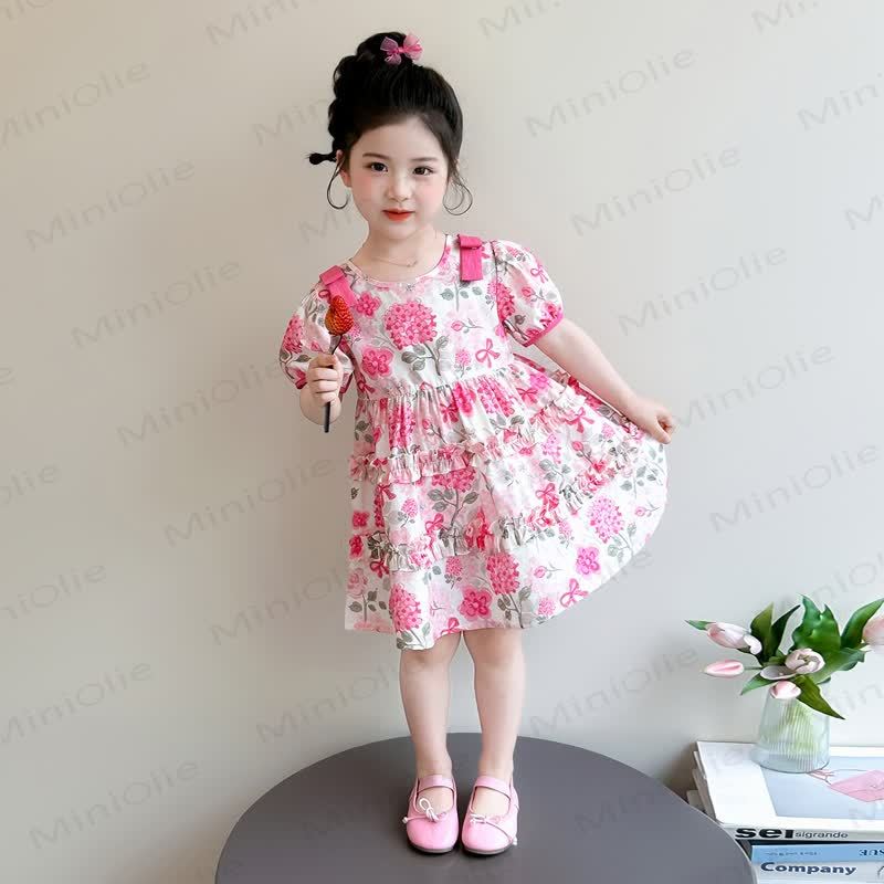 Toddler Girls Cotton Pink Floral Puff Sleeves Dress - Pink - 8-9T - image 2