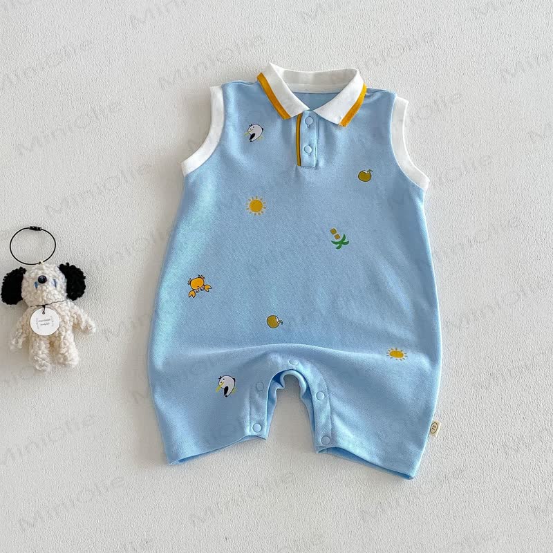 Baby Boy Print Polo Collar Sleeveless Romper - Blue - 18-24M - image 2