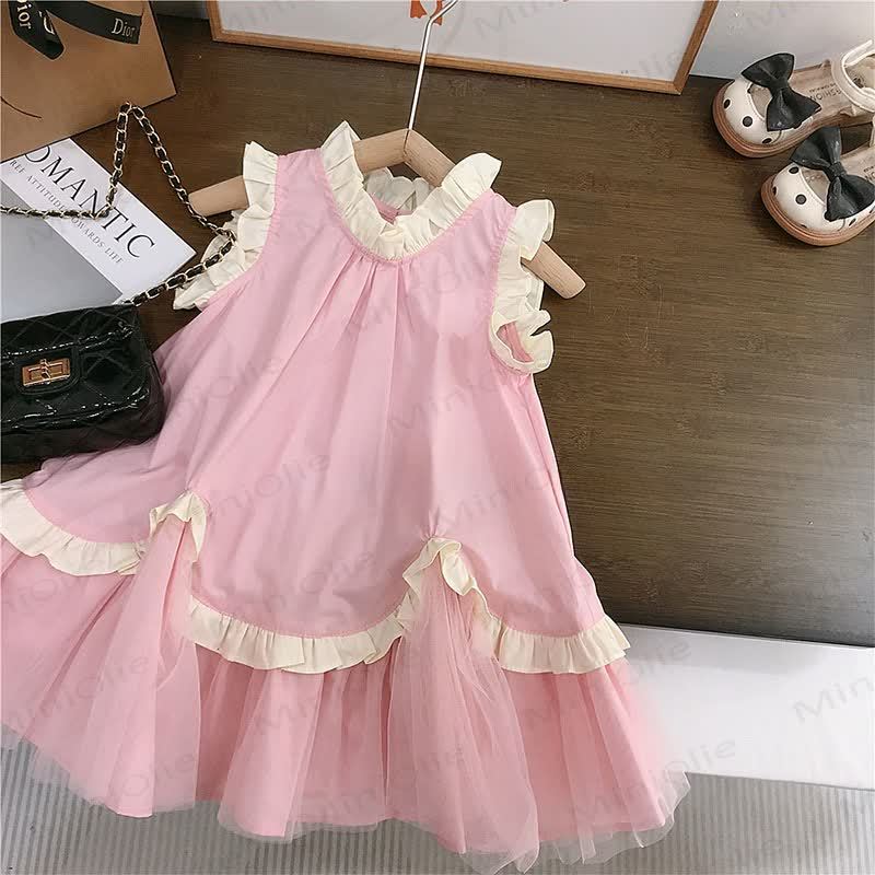 Toddler Girls Cotton Solid Color Tulle Sleeveless Dress - Pink - 8-9T - image 2
