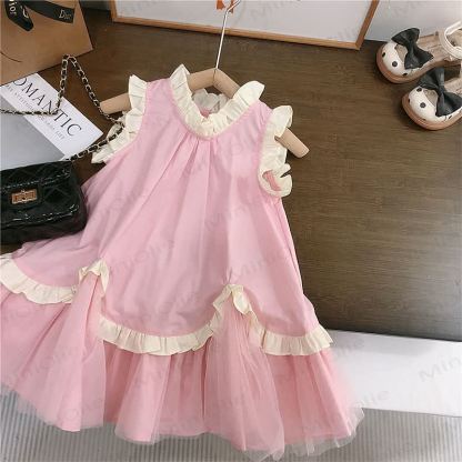 Toddler Girls Cotton Solid Color Tulle Sleeveless Dress - Pink - 8-9T - image 2