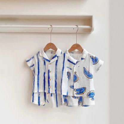 Baby Toddler Boys Cotton Blue Striped or Watermelon Print Shirt and Shorts Set - image 1