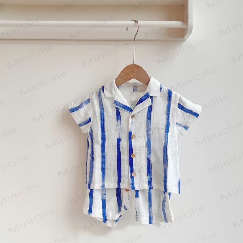 Baby Toddler Boys Cotton Blue Striped or Watermelon Print Shirt and Shorts Set - Blue Stripe - 4-5T - image 2