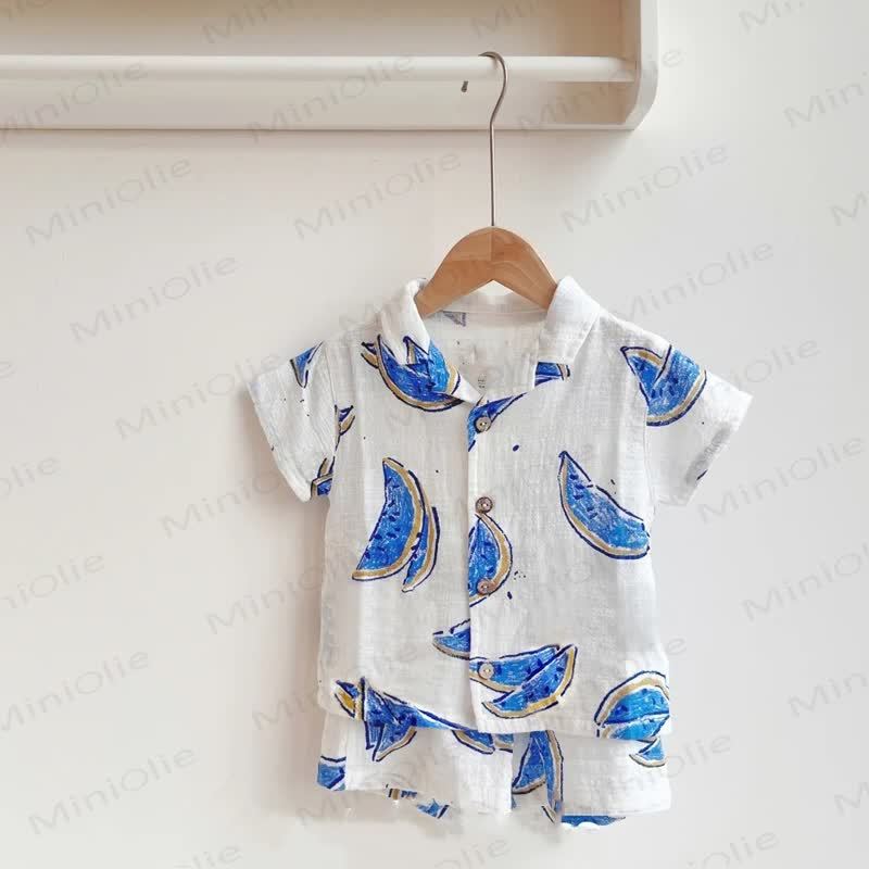 Baby Toddler Boys Cotton Blue Striped or Watermelon Print Shirt and Shorts Set - Blue Watermelon - 4-5T - image 3