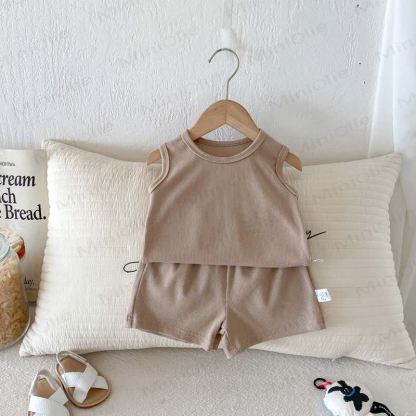 Baby Cotton Ribbed Solid Color Tank Top and Shorts Set - Coffee - 2-3T - image 4