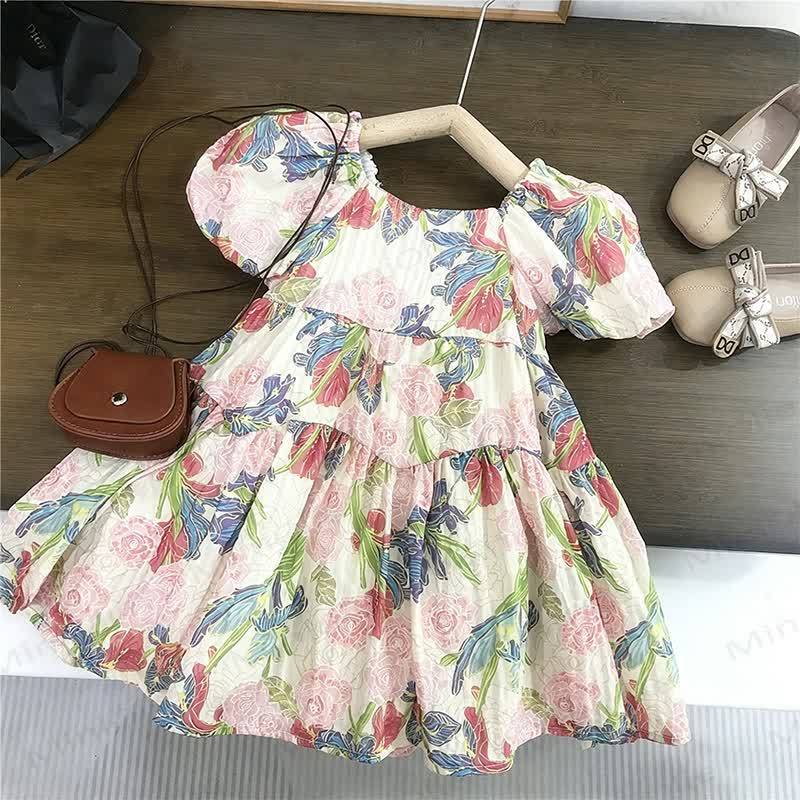 Toddler Girls Cotton Floral Print Puff Sleeves Dress - Beige - 8-9T - image 1
