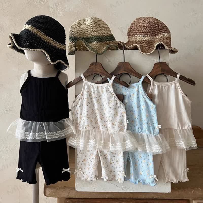 Baby Toddler Girls Ribbed Cotton Lace Bow Tank Top and Shorts Set - image 1