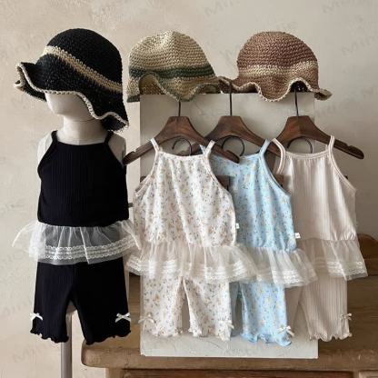 Baby Toddler Girls Ribbed Cotton Lace Bow Tank Top and Shorts Set - image 1