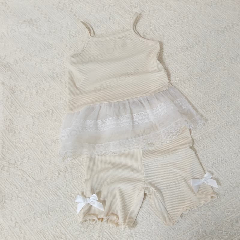 Baby Toddler Girls Ribbed Cotton Lace Bow Tank Top and Shorts Set - Apricot - 4-5T - image 3