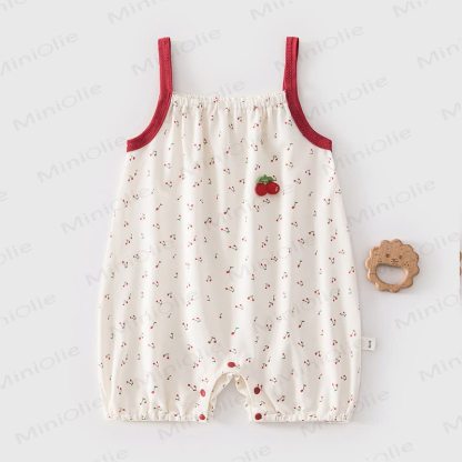 Baby White/Brown Print Straps Romper - White Cherry - 2-3T - image 1