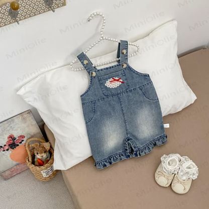 Baby Toddler Girls Washed Denim Ruffle Bow Overalls - Blue - 4-5T - image 1