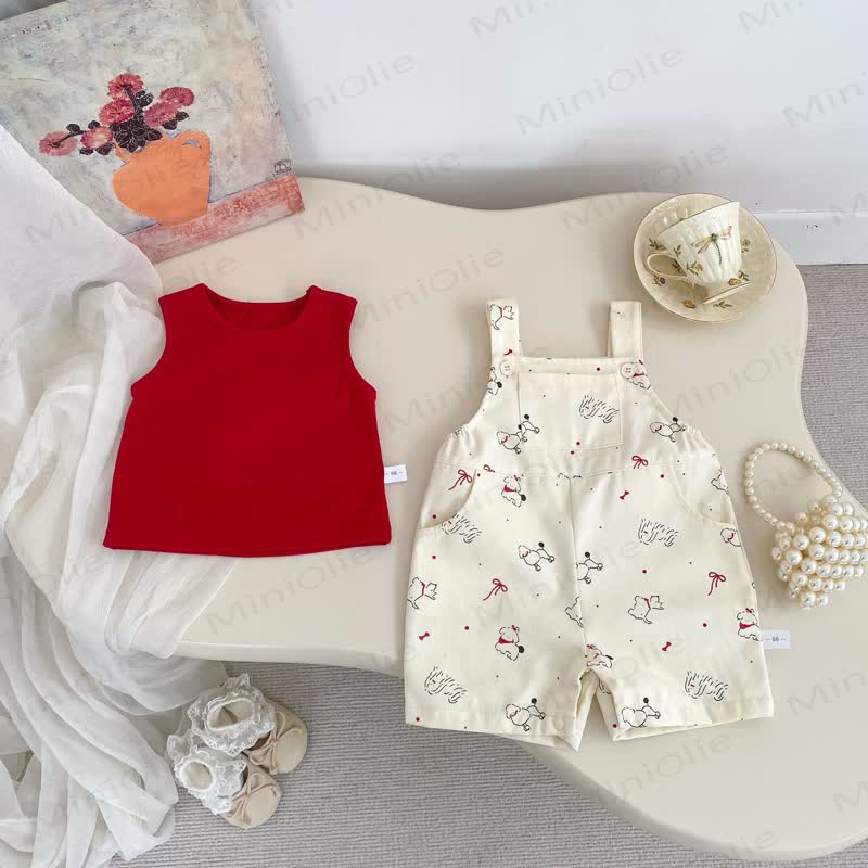 Baby Girls Cotton Animal Print Tank Top and Overalls 2-piece Set - Beige - 4-5T - image 2