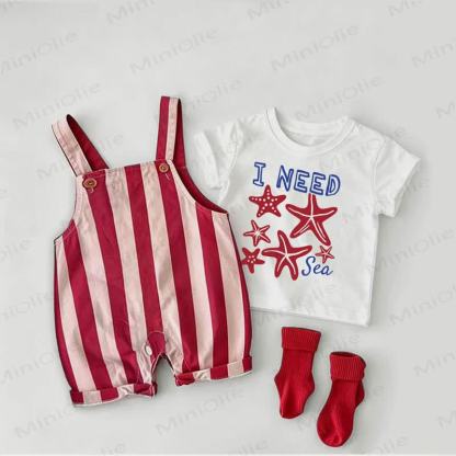 I NEED SEA Baby Starfishes Print Red Stripe Overalls and White Tee 2-piece Set - White&Red - 2-3T - image 1
