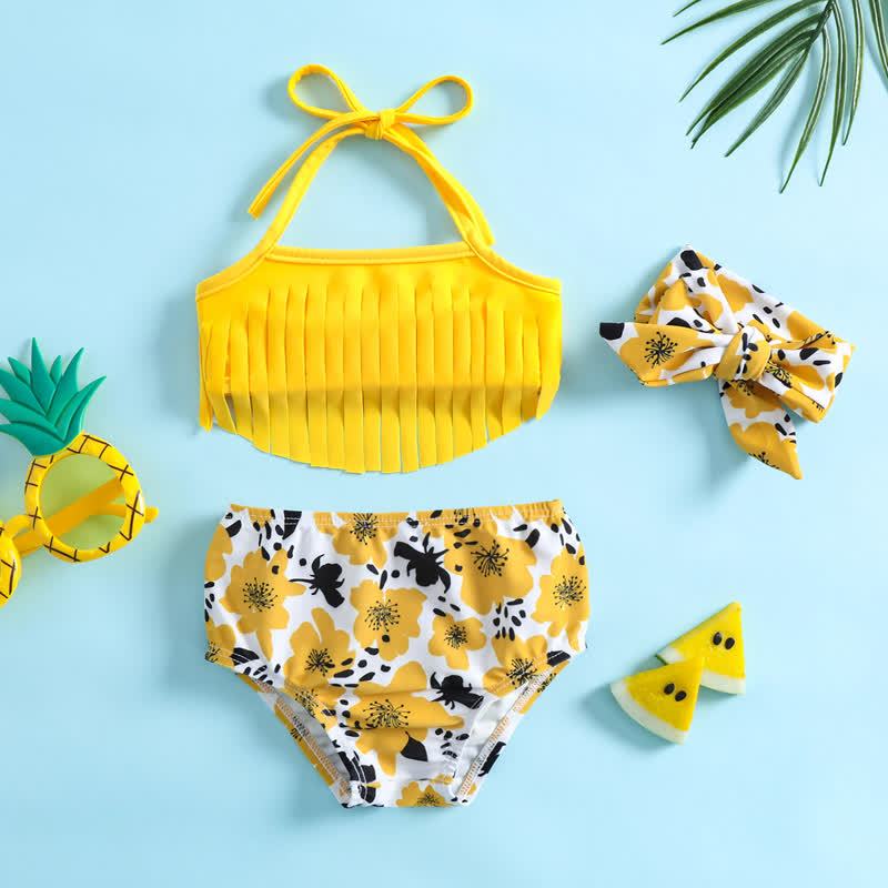 Baby Girl Yellow Flower Three-piece Swimsuit with Headband - image 2