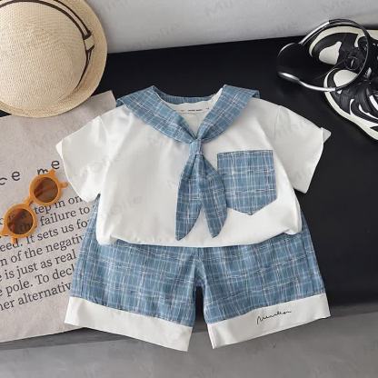 Toddler Boys Cotton Plaid Sailor Tee and Shorts Set - Blue - 4-5T - image 2
