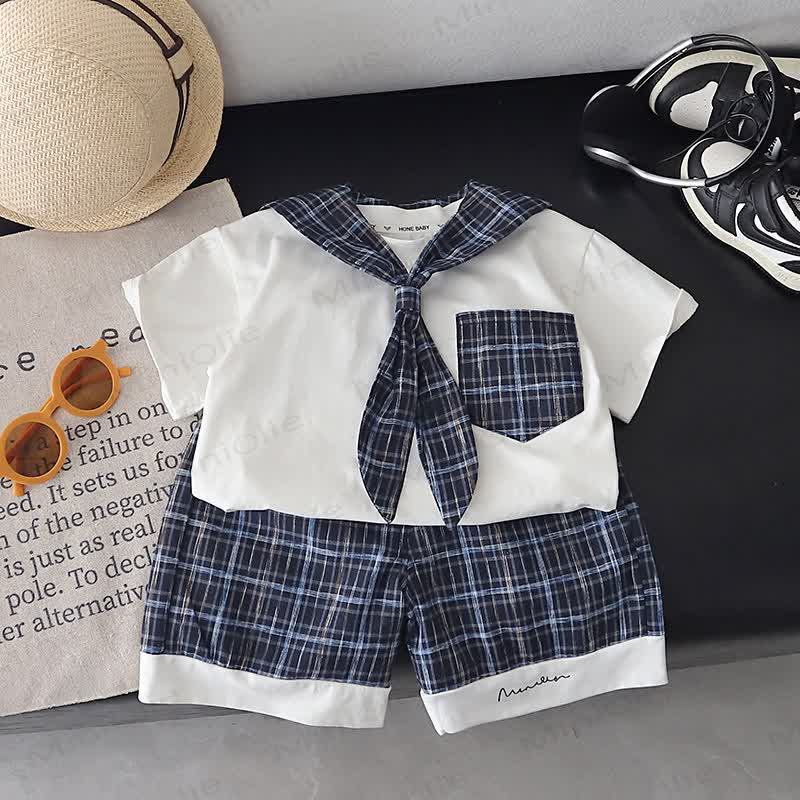 Toddler Boys Cotton Plaid Sailor Tee and Shorts Set - Navy - 4-5T - image 3