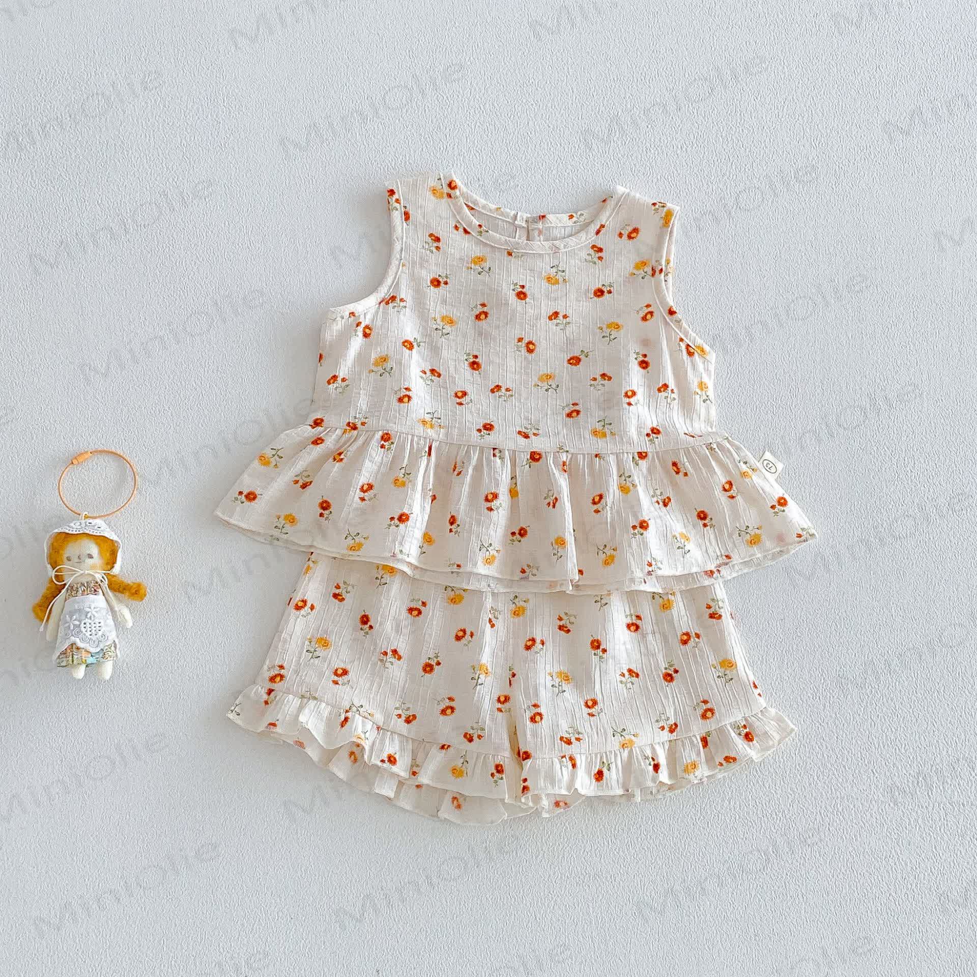 Baby Ruffle Cotton Floral or Heart Print Tank Top and Shorts Set - Beige - 4-5T - image 3