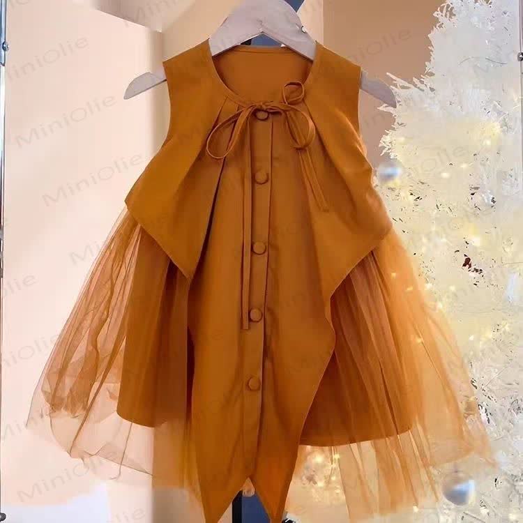 Toddler Kid Girls Bow Solid Color Tulle Sleeveless Dress - Orange - 12-13T - image 2