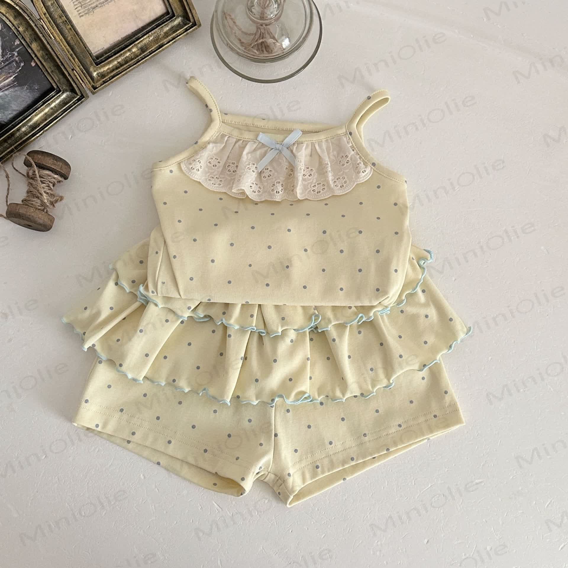 Baby Girls Sweet Polka Dot Cotton Ruffle Tank Top and Shorts Set - Yellow - 2-3T - image 2
