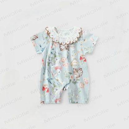 Baby Cartoon Animal Print Ruffle Collar Romper - Green Garden - 18-24M - image 3