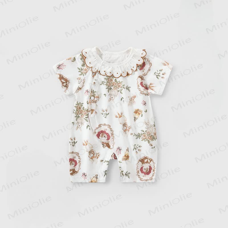 Baby Cartoon Animal Print Ruffle Collar Romper - White Rabbit - 18-24M - image 6
