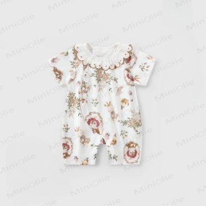 Baby Cartoon Animal Print Ruffle Collar Romper - White Rabbit - 18-24M - image 6