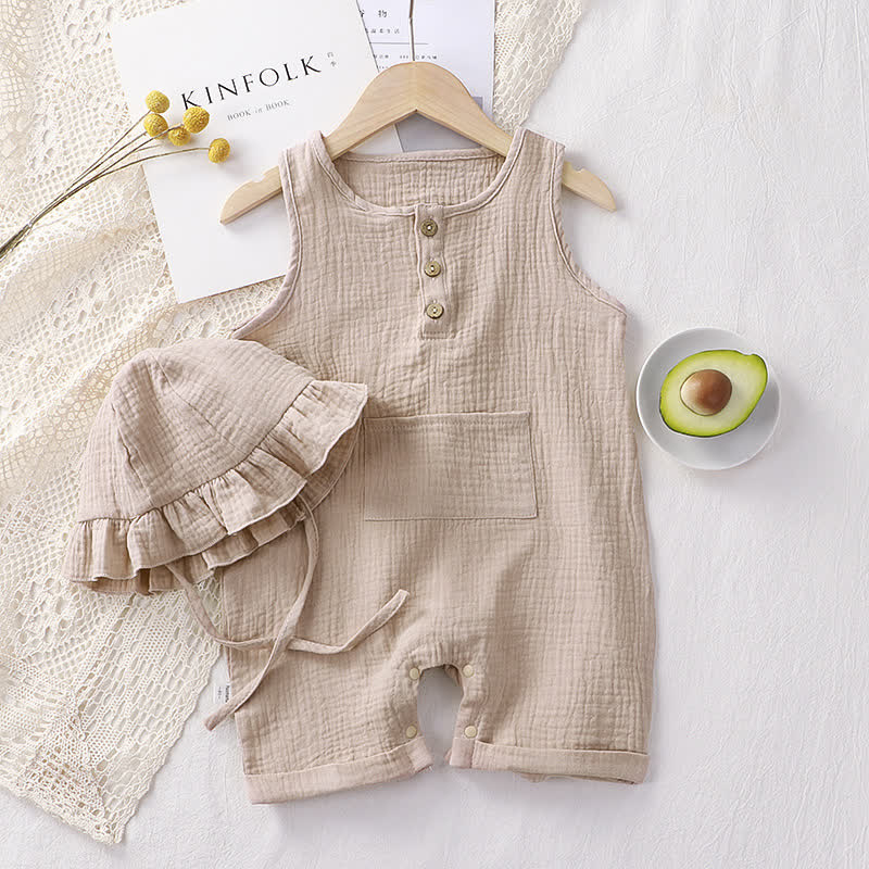 Baby Solid Color Pocket Sleeveless Romper with Hat - Wheat - 12-18M - image 3