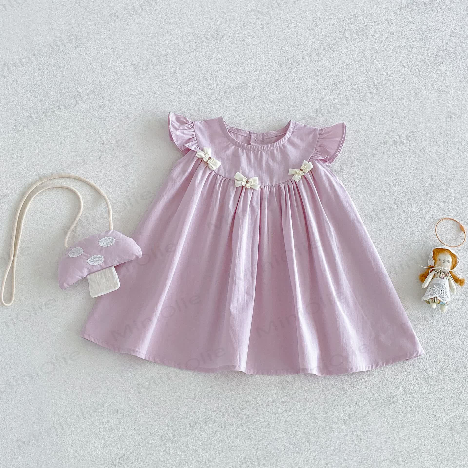 Baby Girls Ruffle Sleeveless Bow Solid Color Dress - Purple - 4-5T - image 2