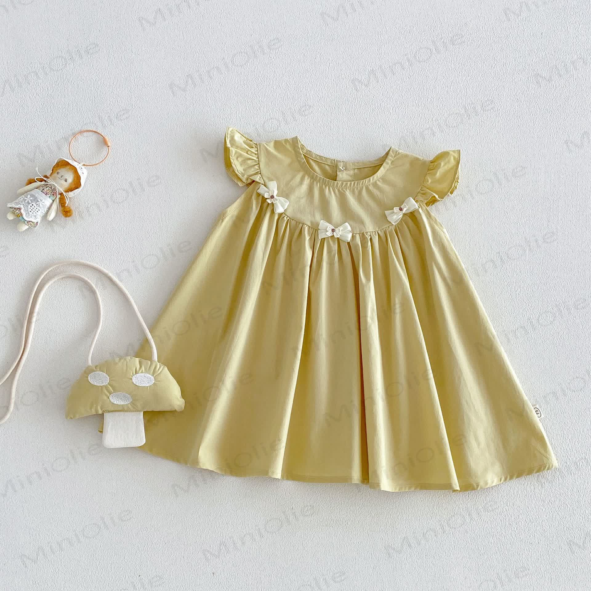Baby Girls Ruffle Sleeveless Bow Solid Color Dress - Yellow - 4-5T - image 3