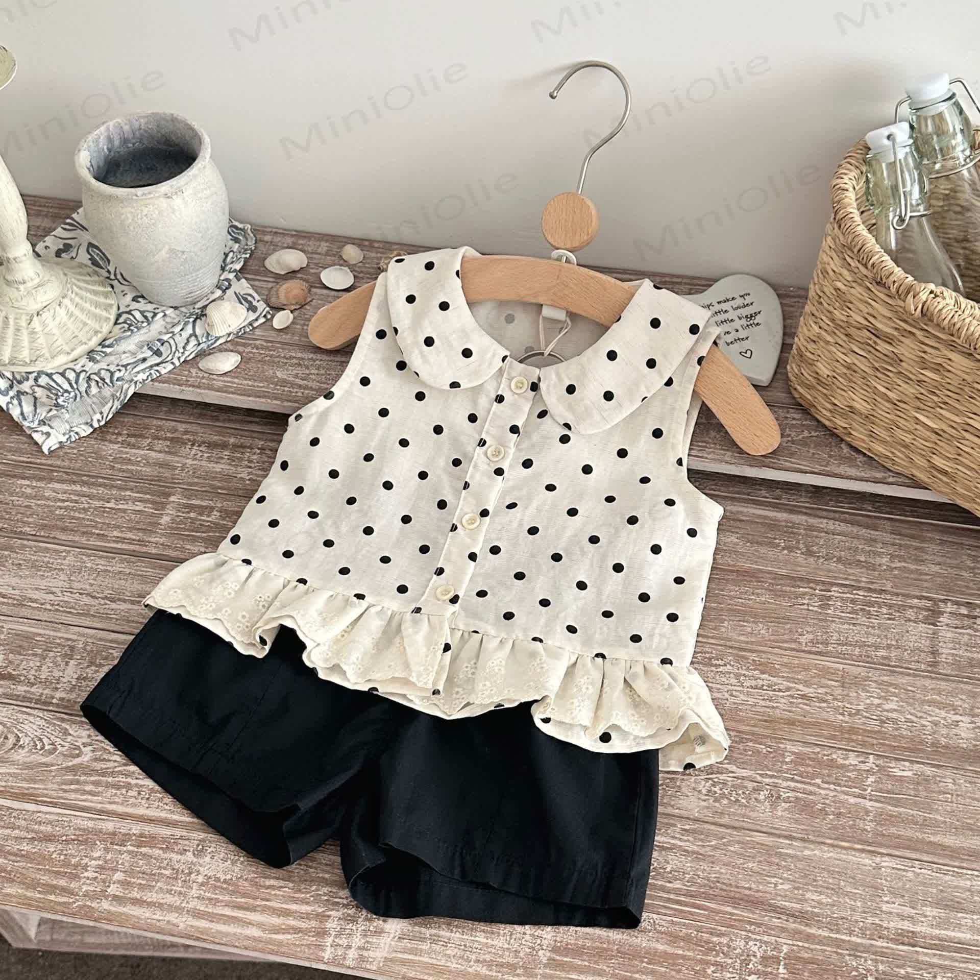 Baby Girls Polka Dot Peter Pan Tank Top and Solid Black Shorts Set - image 1