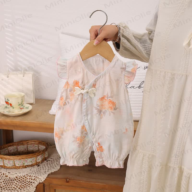 Baby Girls Floral Ruffle Trim Sleeveless Summer Romper - Orange - 12-18M - image 4