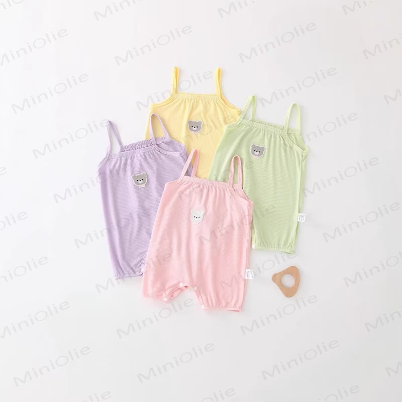 Baby Girl Solid Color Cartoon Bear Strap Romper - image 1