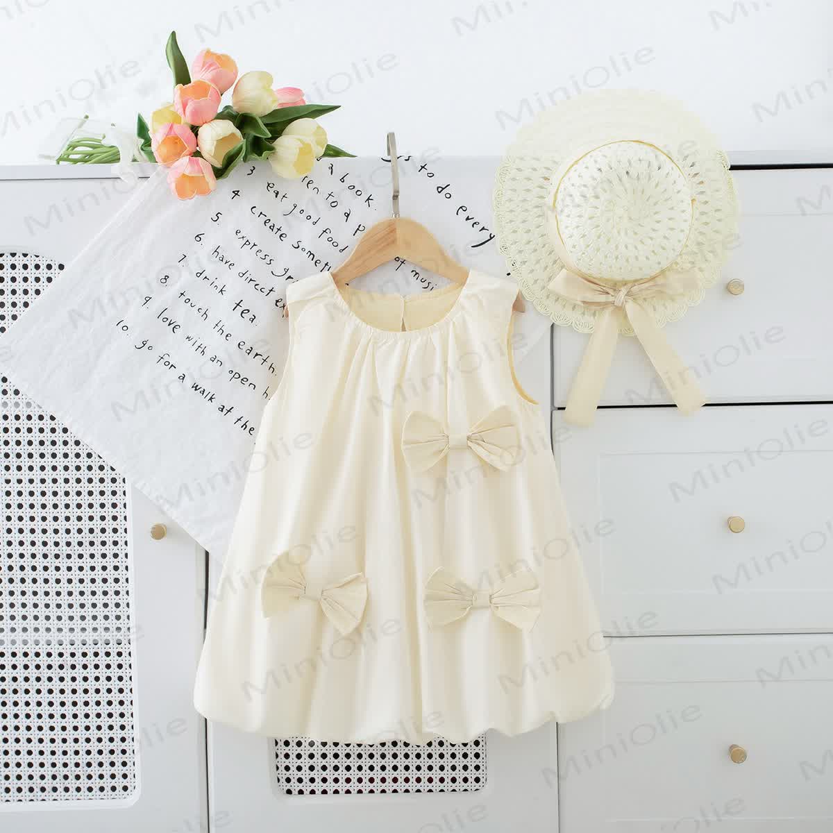 Toddler Girls Solid Beige Bow Sleeveless Dress with Hat - image 1