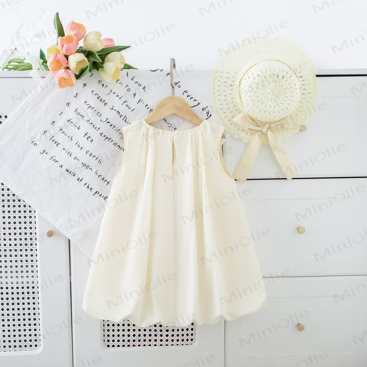 Toddler Girls Solid Beige Bow Sleeveless Dress with Hat - image 3