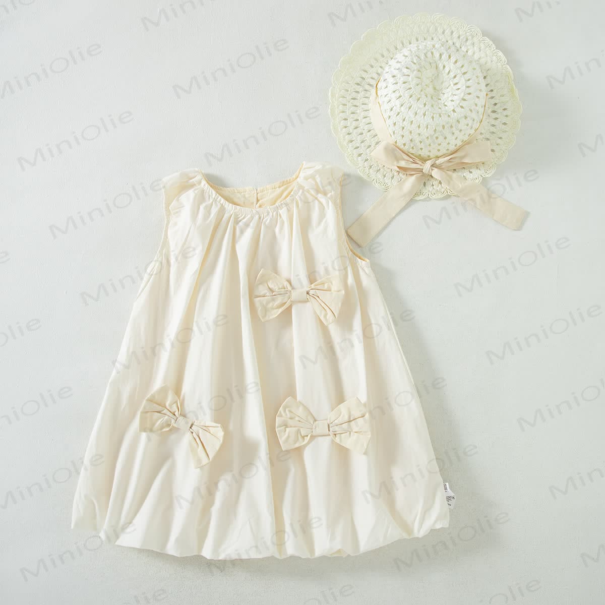Toddler Girls Solid Beige Bow Sleeveless Dress with Hat - Beige - 6-7T - image 2