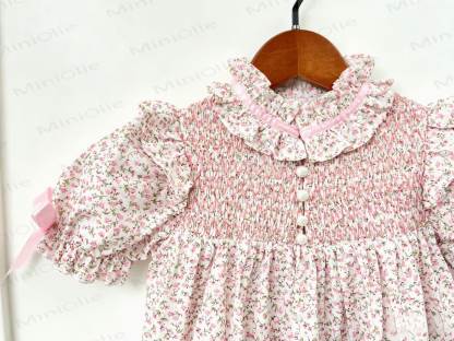 Baby Toddler Girls Pink Floral Bow Puff Sleeves Romper or Dress - image 5
