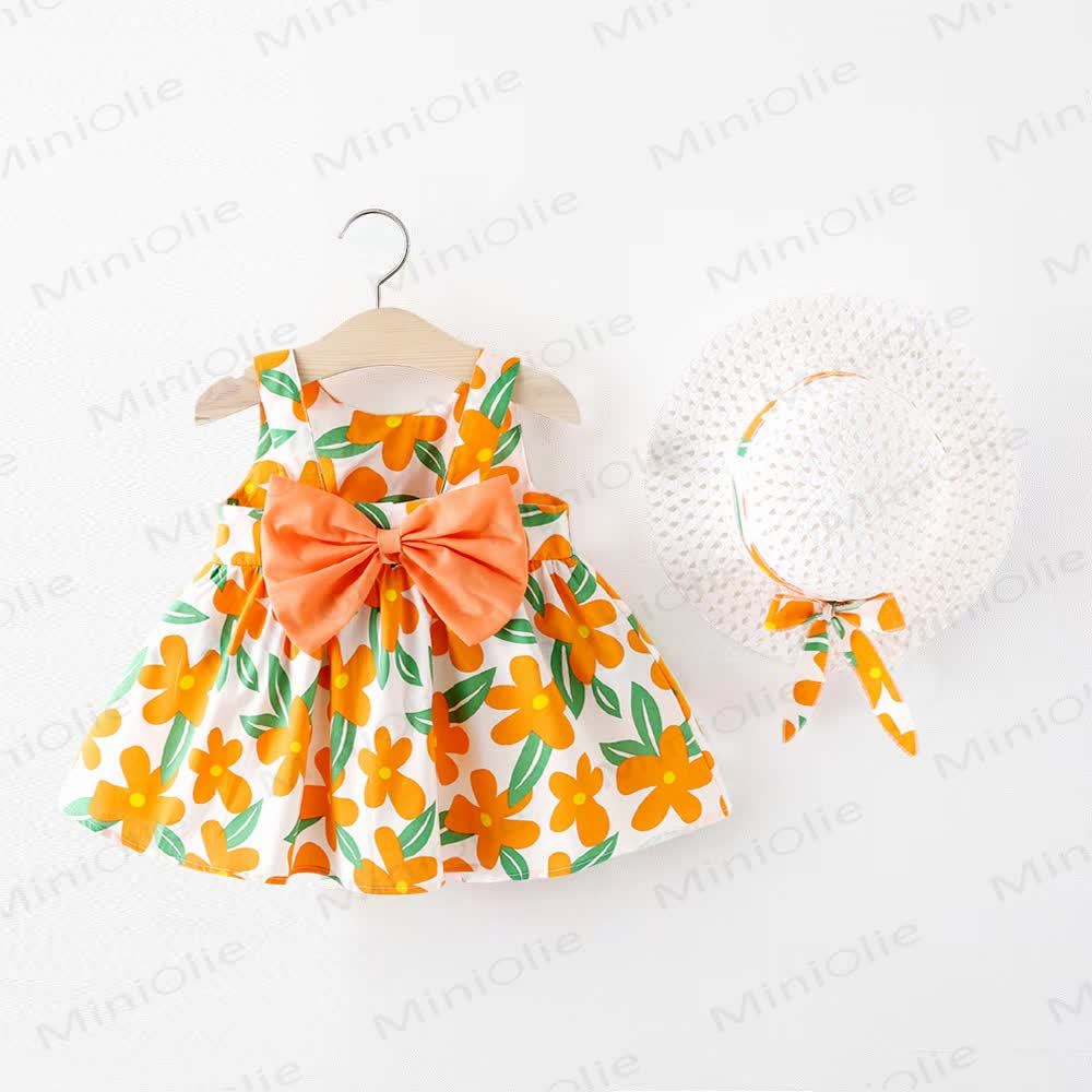 Baby Girls Floral Bow Sleeveless Dress with Hat - Orange - 2-3T - image 3